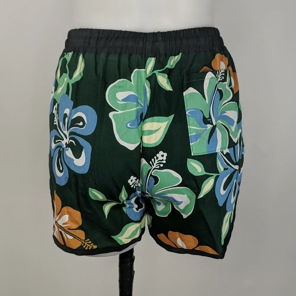 Women's Shorts Size Small Green Hawaiian Print Black Trim Elastic Waist Tie-up - Picture 4 of 8